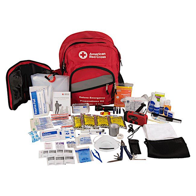 The backpack and contents of an emergency kit for one person for 3 days. Supplies include a hand crank emergency radio, water container, and a personal hygiene kit and first aid kit, all contained in a durable back pack with multiple pouches and removable